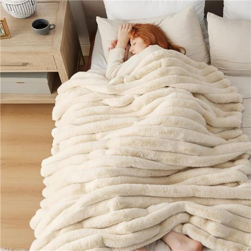 Faux Fur Throw Blanket Soft Cozy Warm Luxury Striped Blanket Winter Couch Gift
